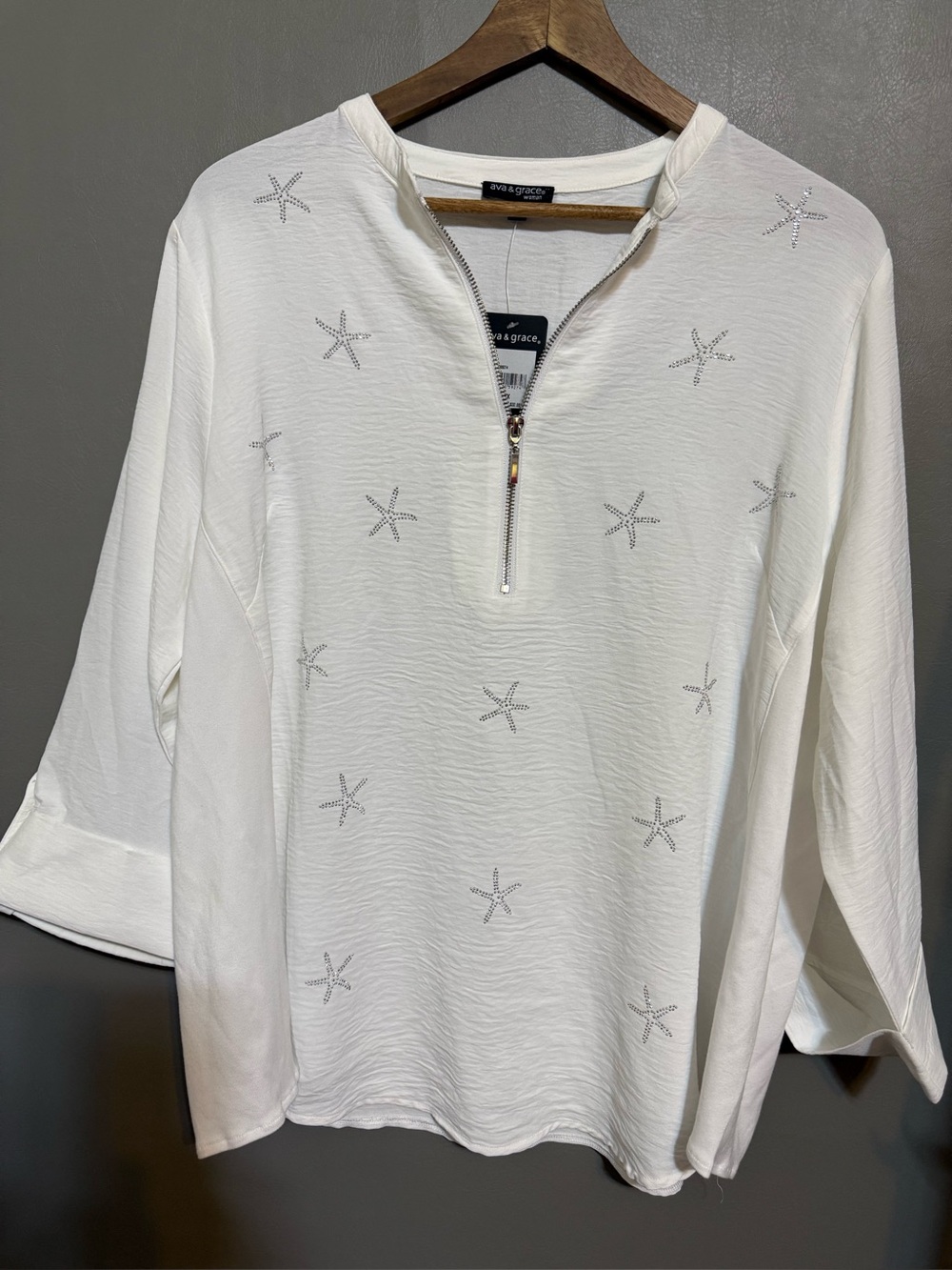 Ava & Grace White Zip-Front Top with Rhinestone Detail